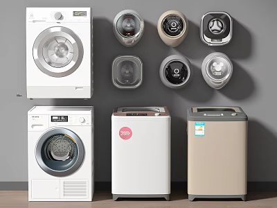 Modern Front Load and Top Load Washing Machines in White Beige with Control Panels 3d model