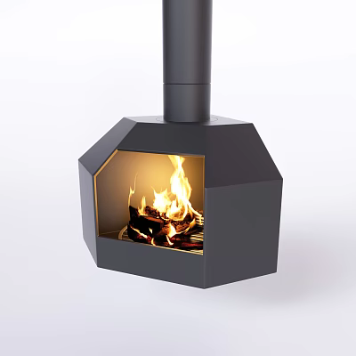 Black Geometric Fireplace with Burning Wood and Flames in Modern Design 3d model