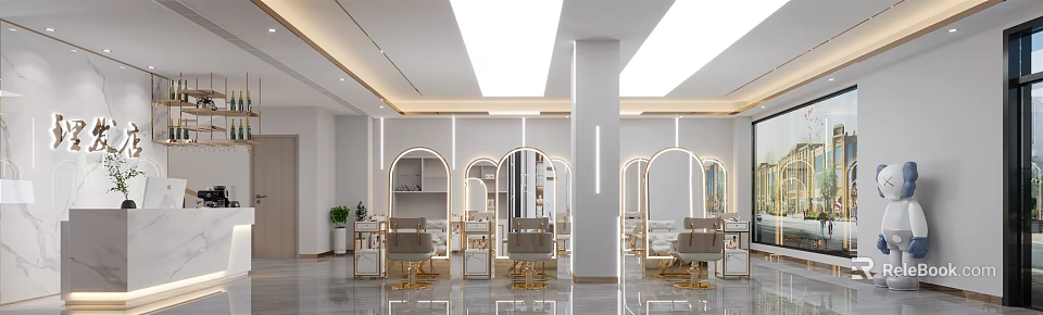 Elegant Modern Beauty Hair Salon Interior With Arched Mirrors Golden Chairs And Lighting Fixtures 3d model 