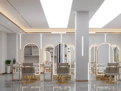 Elegant Modern Beauty Hair Salon Interior With Arched Mirrors Golden Chairs And Lighting Fixtures 3d model