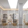 Elegant Modern Beauty Hair Salon Interior With Arched Mirrors Golden Chairs And Lighting Fixtures