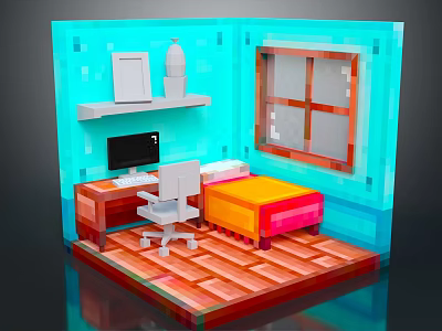 Cartoon Room Scene With Turquoise Walls Wooden Floor Desk Computer Chair Bed Window And Shelf 3d model
