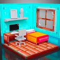Cartoon Room Scene With Turquoise Walls Wooden Floor Desk Computer Chair Bed Window And Shelf