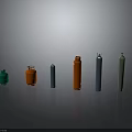 Colored Cylindrical Gas Cylinders In Various Colors Sizes On Dark Reflective Surface