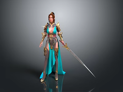 Fantasy Woman In Blue And Gold Armor Holding Long Sword In Elegant Pose 3d model