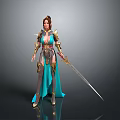Fantasy Woman In Blue And Gold Armor Holding Long Sword In Elegant Pose