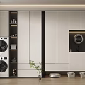 Modern Home Balcony Design With White Cabinets Washing Machine Dryer Storage Plant And Wooden Floor