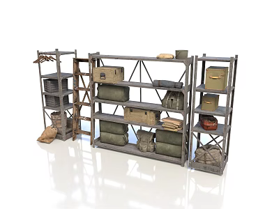 Metal Storage Shelving Unit With Green Brown Boxes Blankets Ladder And Woven Basket 3d model