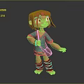 Cartoon Style 3D Female Character With Red Short Hair Green Top Brown Satchel And Barefoot