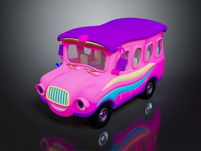 Colorful Cartoon Toy Bus With Pink Body Purple Roof And Blue Yellow Stripes 3d model