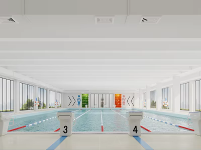 Indoor Swimming Pool With Marked Lanes Starting Blocks And Natural Light 3d model
