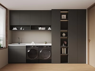 Modern Laundry Room With Dark Cabinets Two Washing Machines Sink Open Shelves And Wooden Flooring 3d model