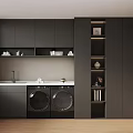 Modern Laundry Room With Dark Cabinets Two Washing Machines Sink Open Shelves And Wooden Flooring