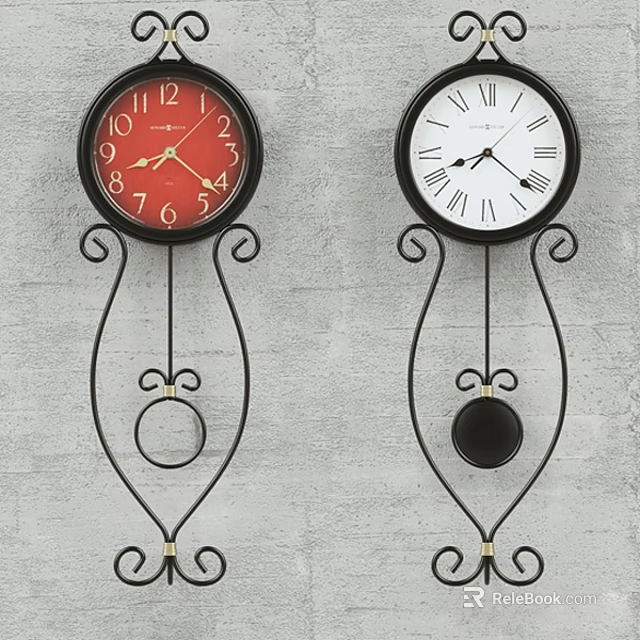 Decorative Wall Clocks With Red And White Dials Black Metal Frames On Gray Wall 3d model