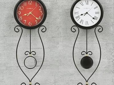 Decorative Wall Clocks With Red And White Dials Black Metal Frames On Gray Wall 3d model