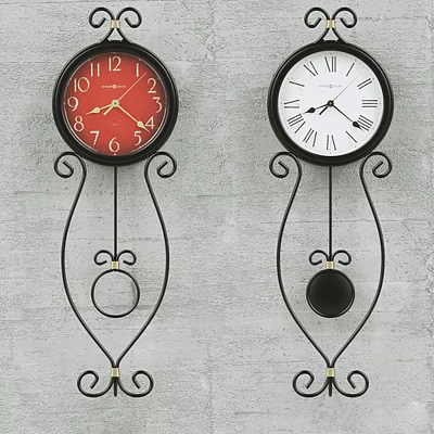 Decorative Wall Clocks With Red And White Dials Black Metal Frames On Gray Wall 3d model