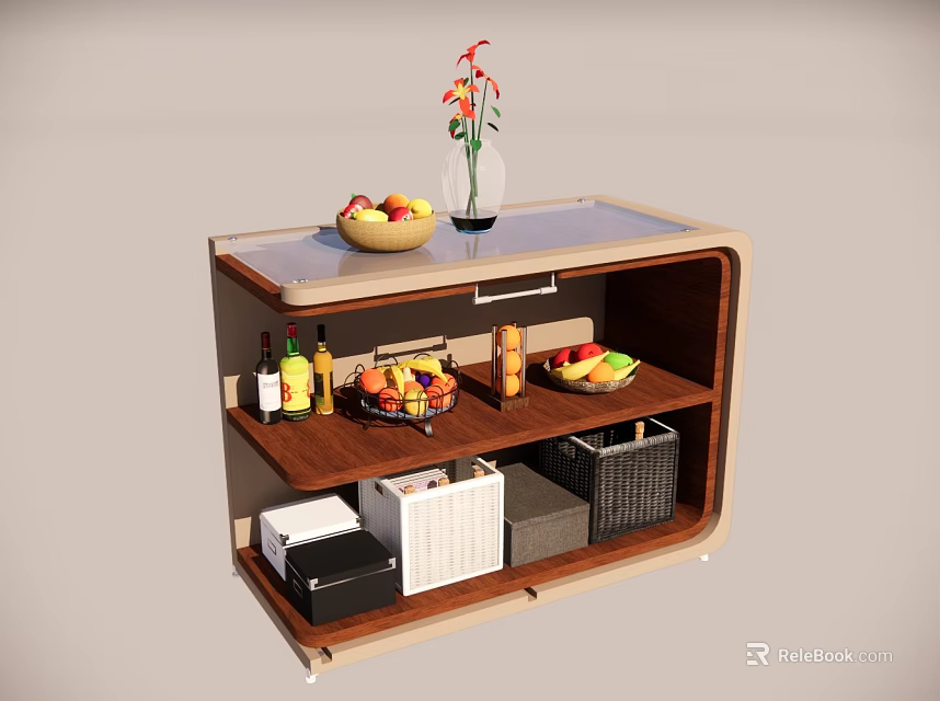 Modern Decorative Cabinet With Fruit Basket Vase Wine Bottles And Storage Boxes 3d model 