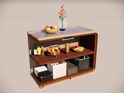 Modern Decorative Cabinet With Fruit Basket Vase Wine Bottles And Storage Boxes 3d model