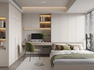 Modern Tatami Bedroom Interior Design With Desk Green Chair Bookshelves And Window Blinds 3d model