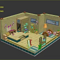 Cartoon Room Interior Featuring Brick Walls Wooden Bookshelf Bed Rug Lamp Desk And Picture Frame