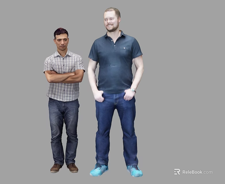 Two Men In Plaid Shirt And Dark T Shirt With Jeans Standing On Gray Background 3d model 