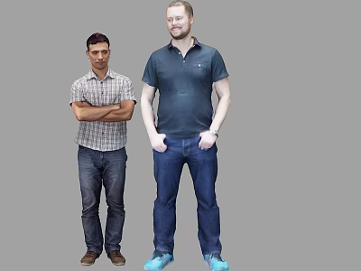 Two Men In Plaid Shirt And Dark T Shirt With Jeans Standing On Gray Background 3d model