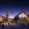 Modern Sales Office Building at Night with Lighting Glass Curtain Wall Plaza Seats and Trees