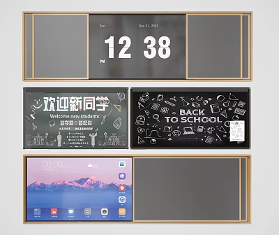 Digital Clock Display With Welcome New Students Back To School Blackboard And Tablet Landscape Wallpaper 3d model