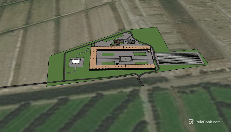 Site Plan Layout Featuring Main Building Green Space And Parking Area Design 3d model 