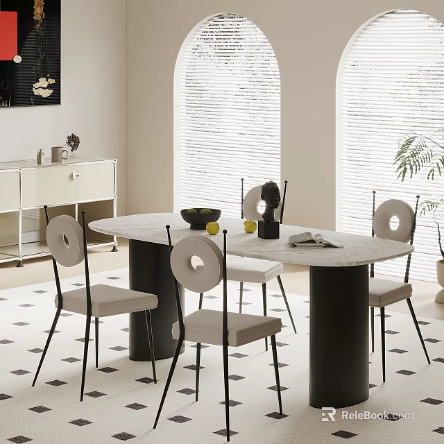 Modern Restaurant Interior With Round Marble Dining Table And Circular Backrest Chairs 3d model