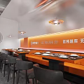 Modern Hotpot Restaurant With Orange White Decor Fresh Ingredients Display And Open Layout