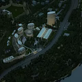 Aerial View Urban Planning with Modern Circular Buildings Tall Tower Green Spaces Waterfront and Roads