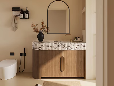 Modern Bathroom Interior With Wooden Cabinet Marble Countertop And Arched Mirror 3d model