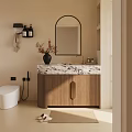 Modern Bathroom Interior With Wooden Cabinet Marble Countertop And Arched Mirror