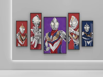 Five Colorful Ultraman Abstract Paintings With Various Poses On Wall 3d model