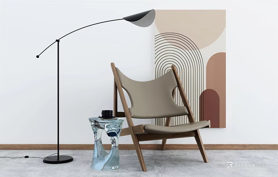Modern Wooden Leisure Chair With Black Floor Lamp Glass Side Table And Geometric Wall Art 3d model 