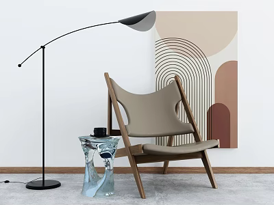Modern Wooden Leisure Chair With Black Floor Lamp Glass Side Table And Geometric Wall Art 3d model