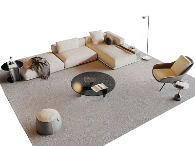 Modern Light Beige Sofa And Coffee Table With Area Rug Accent Chair And Floor Lamp 3d model
