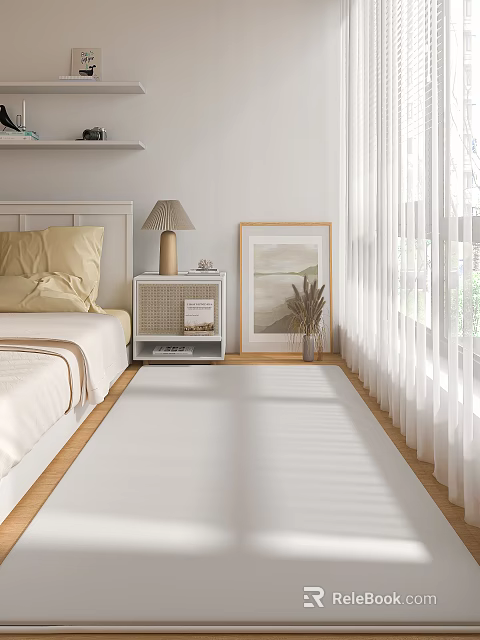 Cozy Modern Bedroom With Beige Bed Pillows Wooden Floor And Sunlight 3d model 