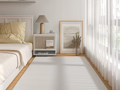 Cozy Modern Bedroom With Beige Bed Pillows Wooden Floor And Sunlight 3d model
