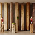 Wooden Log Pillars In Interior With Nutcrackers Green Plants And Decorative Items
