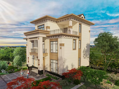 Elegant Two Story Detached Villa with Balcony and Lush Greenery Scenic Surroundings 3d model