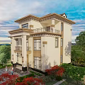 Elegant Two Story Detached Villa with Balcony and Lush Greenery Scenic Surroundings