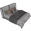 Modern Double Bed With Metal Frame Headboard Striped Bedspread Gray Blanket And Pillows 3d model
