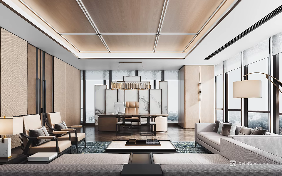 Modern Office Interior Design With Wooden Ceiling Open Layout Large Windows And Sofa Area 3d model