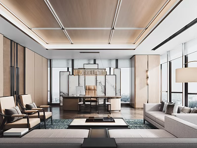 Modern Office Interior Design With Wooden Ceiling Open Layout Large Windows And Sofa Area 3d model