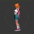 Stylish Woman with Orange Hair Wearing White Tank Top Pink Jacket and Blue Shorts