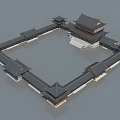 Ancient Chinese Architectural Complex With Square Layout Tiled Roofs And Pavilions 3d model