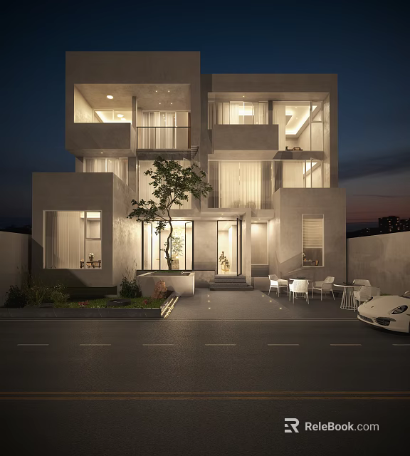 Modern Detached Villa Exterior with Large Windows Illuminated Evening Garden Tree and Outdoor Seating 3d model 