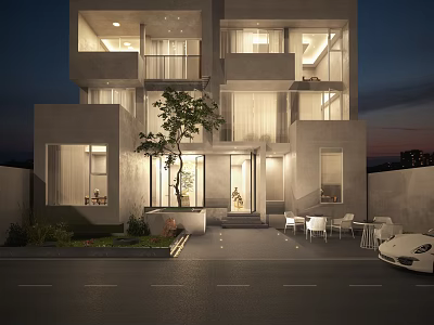 Modern Detached Villa Exterior with Large Windows Illuminated Evening Garden Tree and Outdoor Seating 3d model